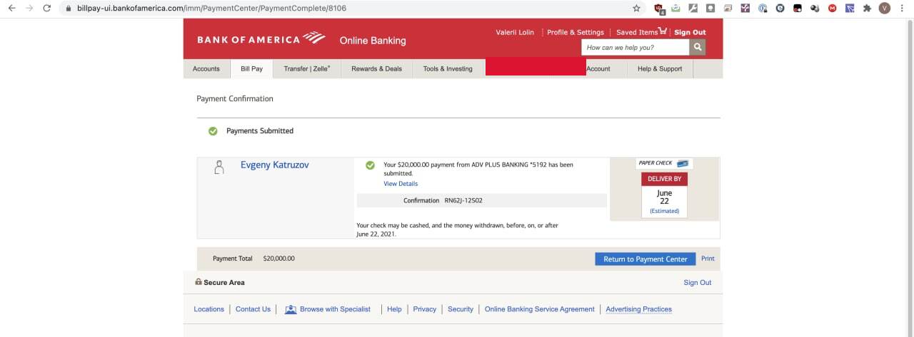 Bank of America Check $20,000