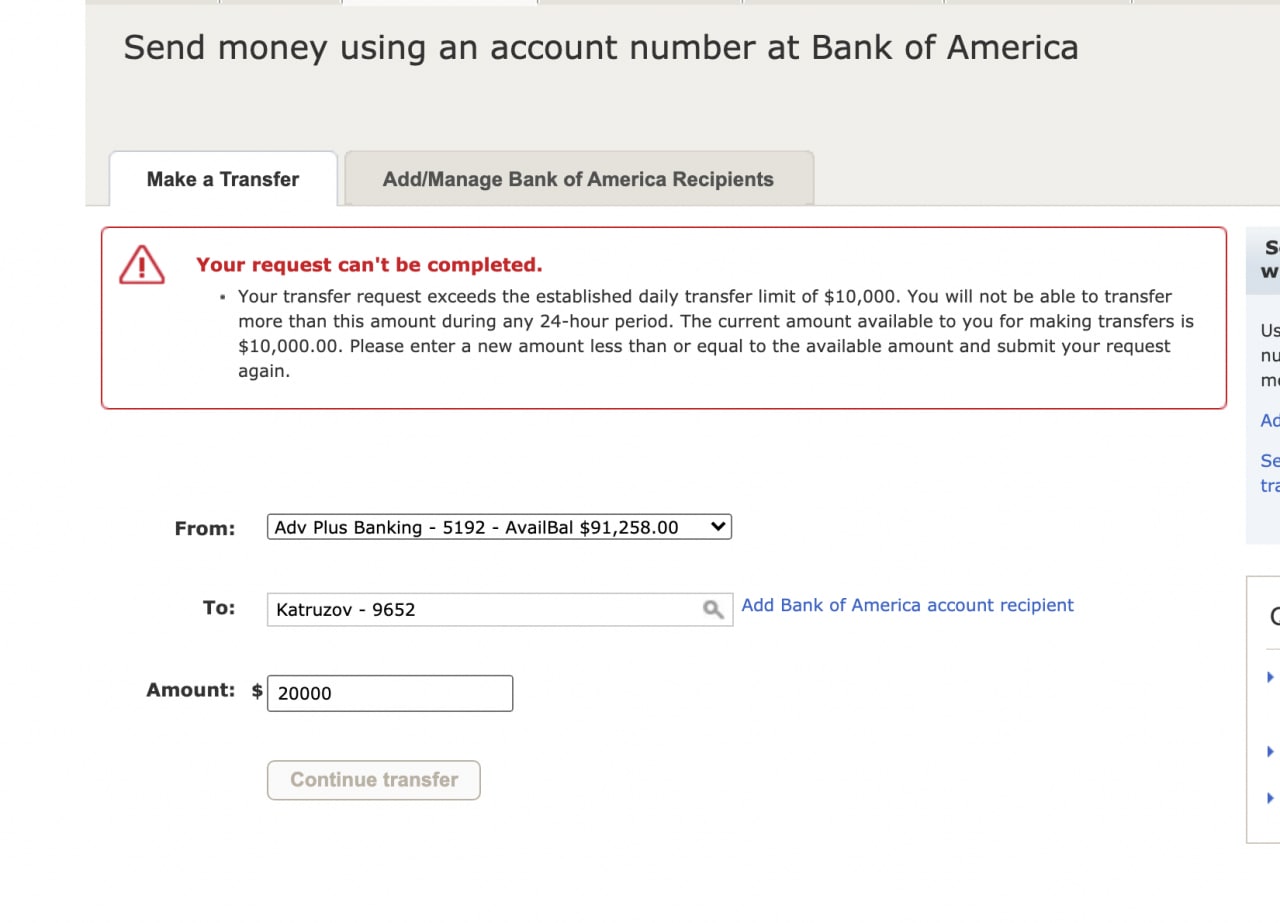 Bank of America Limit $10,000